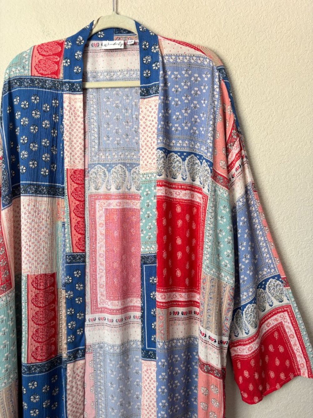 Wonderly L/XL Boho Patchwork Printed Longline Open Front Kimono Duster - Picture 4 of 10